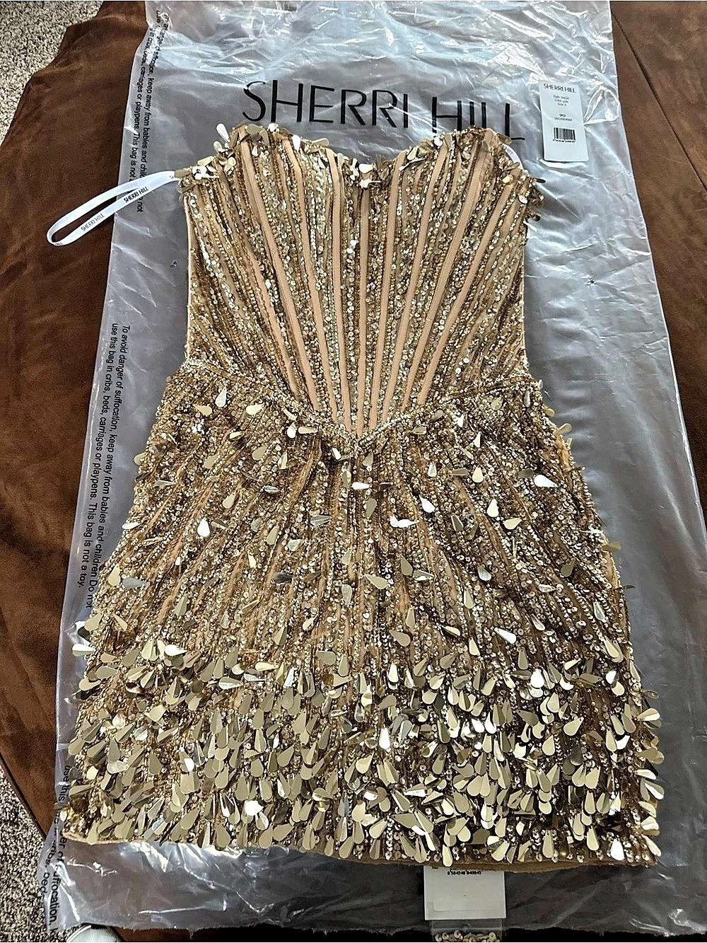 SHERRI HILL 57379 Strapless Fitted Sequin Cocktail Dress 57379 Gold Embellished